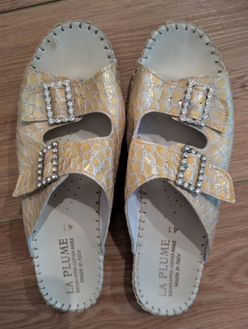 La Plume "Jen" Yellow Leather Rhinestone Buckle Slide Sandals
